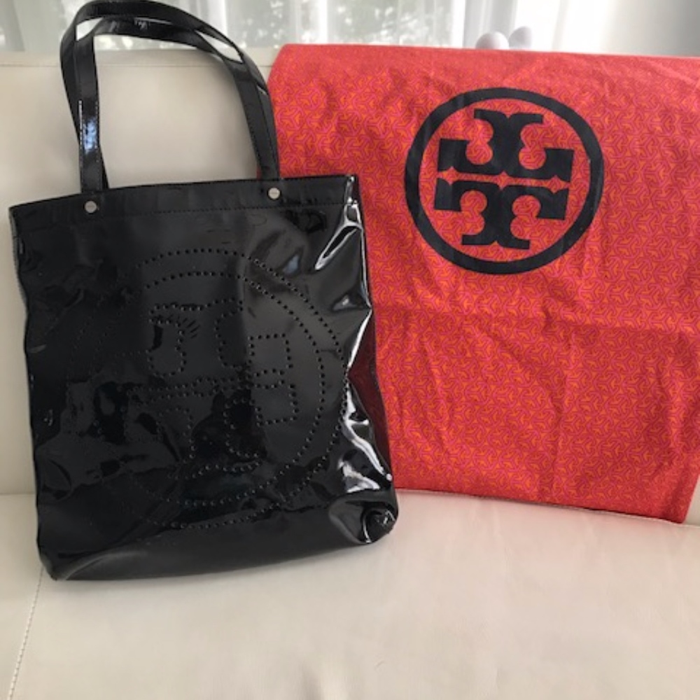 Tory Burch Black Patent Leather Tote Bag with Logo